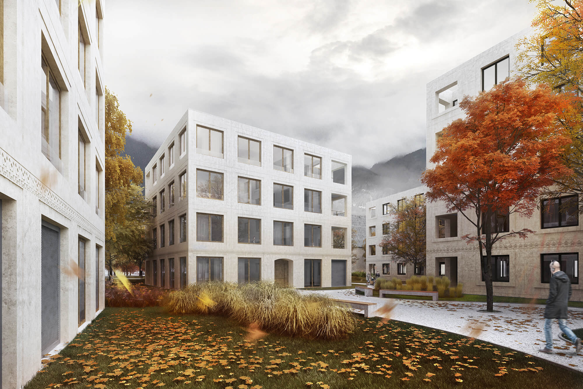 Wettbewerb Wohnungsbebauung Zeughausareal Innsbruck, Gebäudekuben im Park
