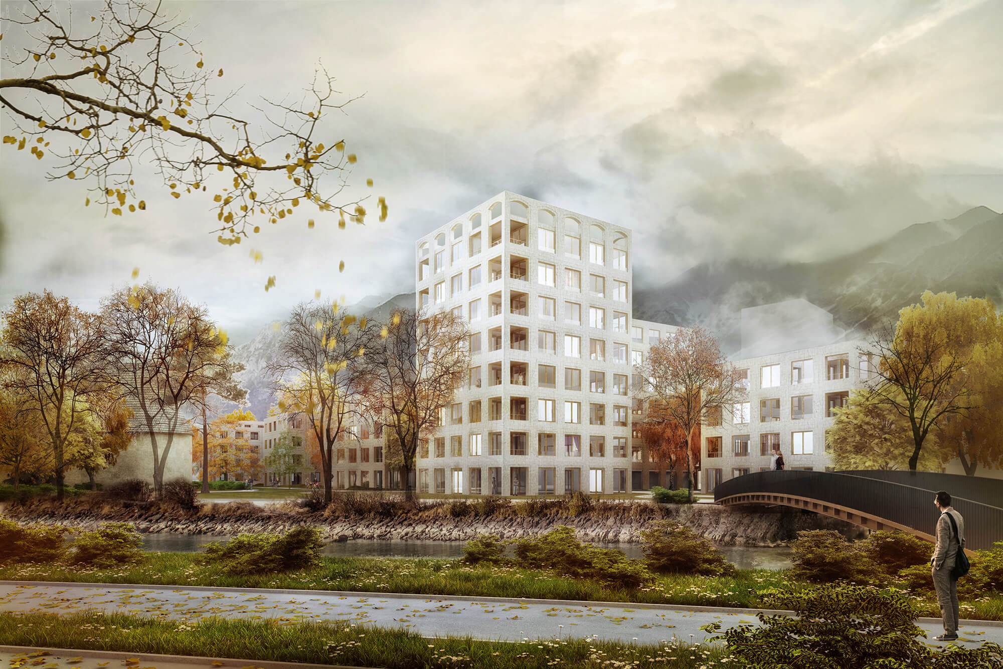 Wettbewerb Wohnungsbebauung Zeughausareal Innsbruck, Ansicht vom Fluss